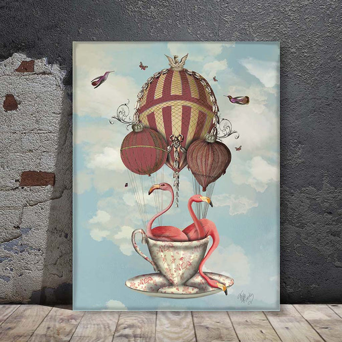 Flamingos in Teacup Hot Air Balloon Art Print, Wall Art