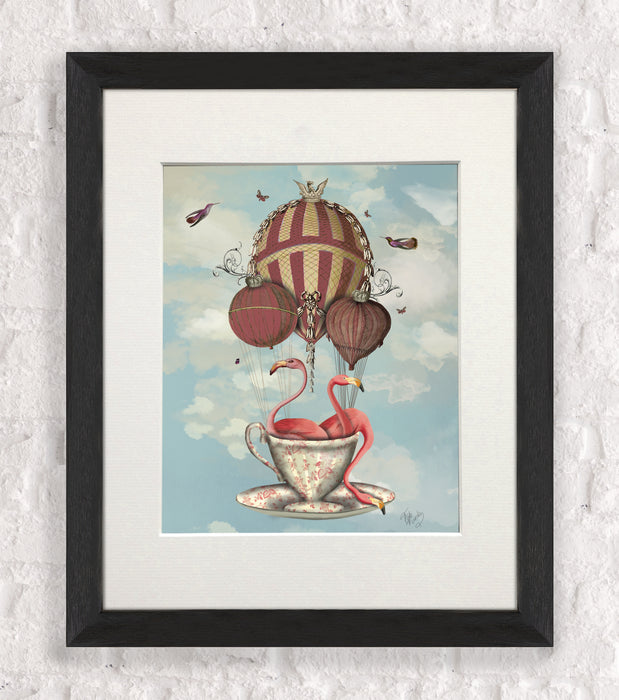 Flamingos in Teacup Hot Air Balloon Art Print, Wall Art