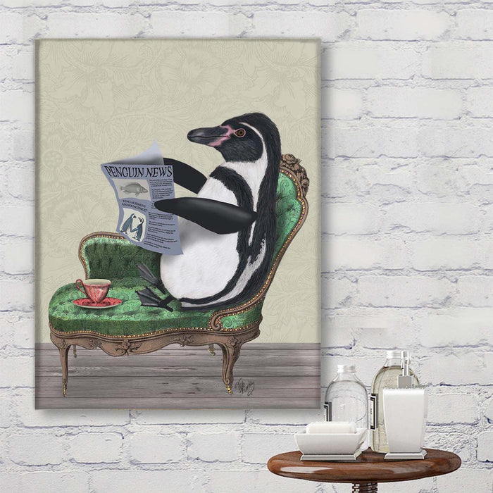 Penguin Reading Newspaper, Art Print