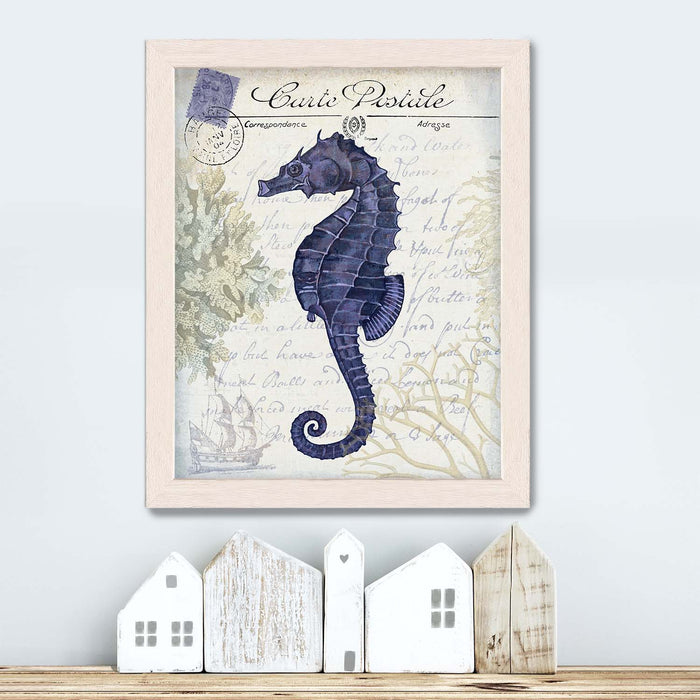 Seaside Postcard, Cream, Seahorse, Nautical print, Coastal art