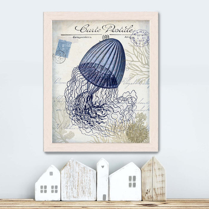 Seaside Postcard, Cream, Jellyfish, Nautical print, Coastal art