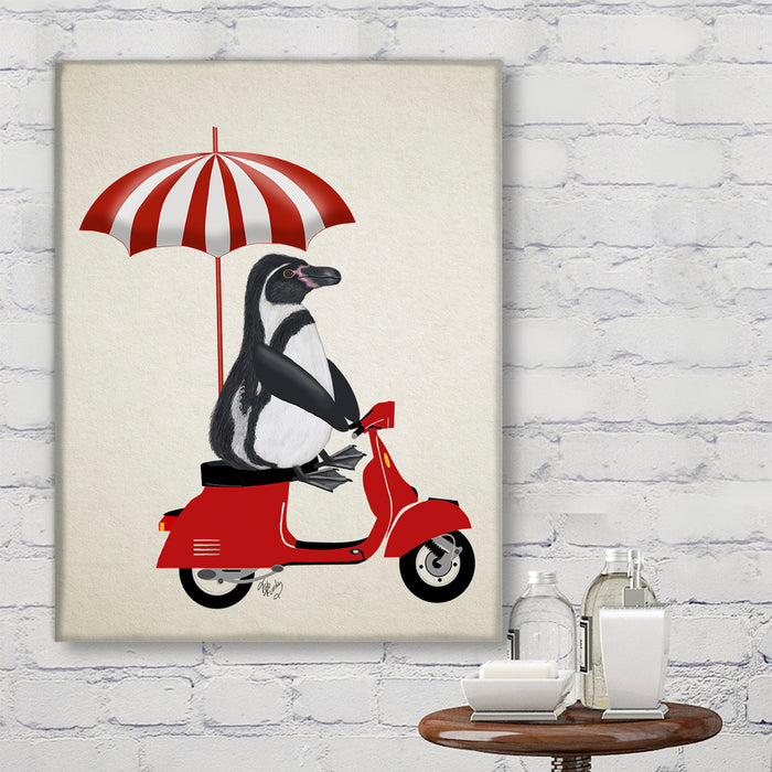 Penguin On Red Moped, Art Print, Canvas Wall Art