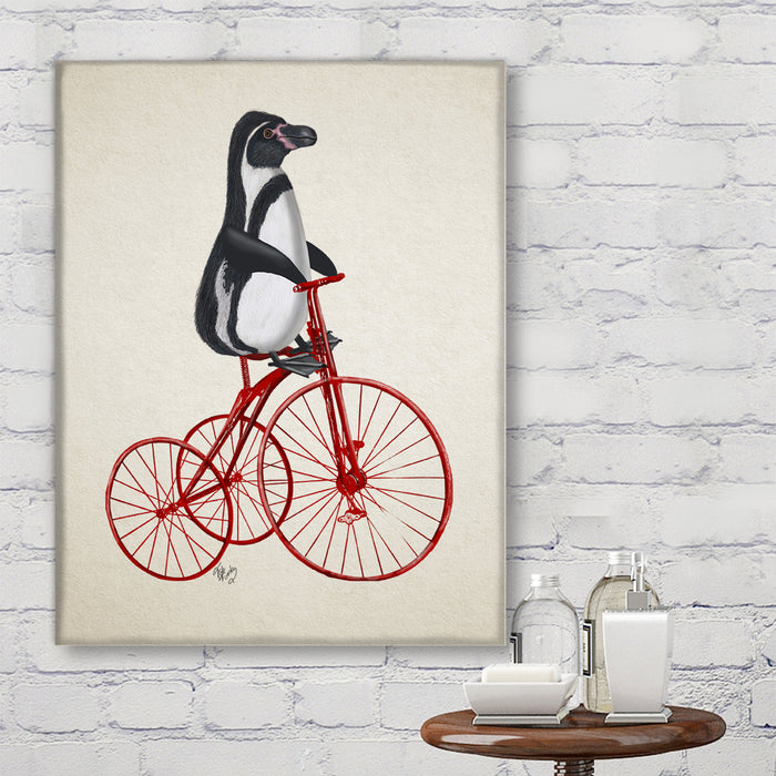 Penguin on Bicycle, Art Print, Canvas Wall Art