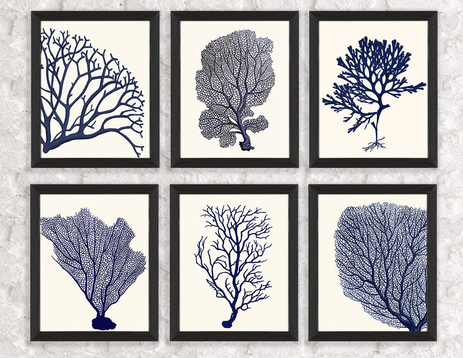 Collection - 6 Prints, Blue Corals 2 Coastal Botanical Print Canvas Art