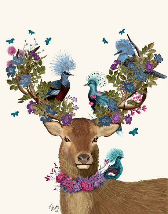 Deer Birdkeeper, Blue Pigeons, Art Print, Canvas Wall Art