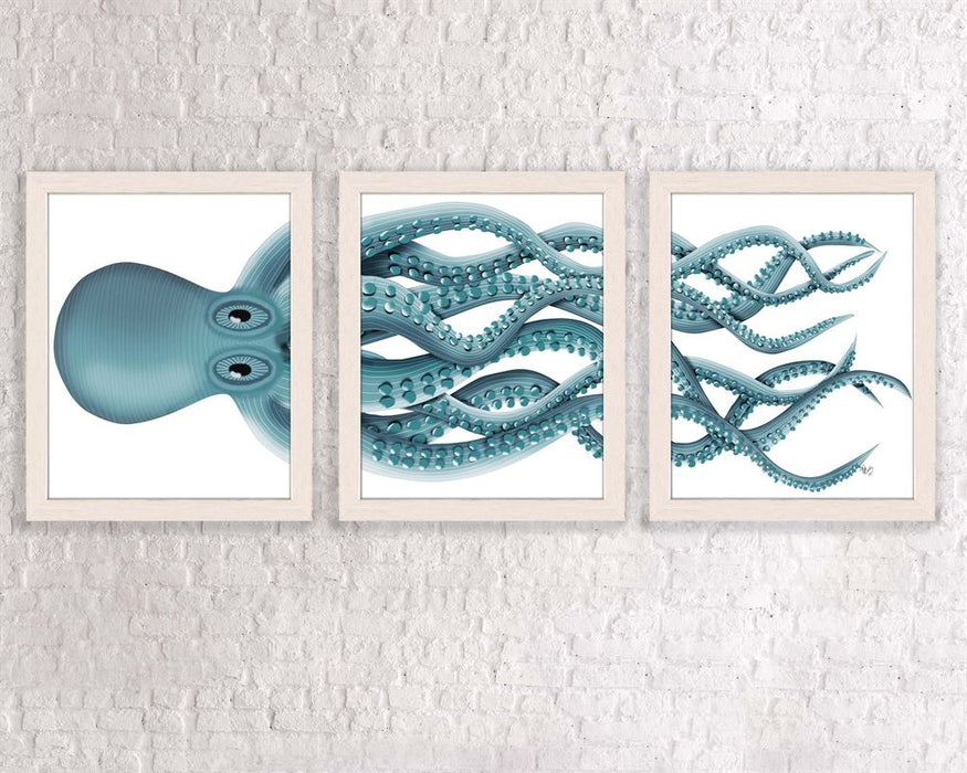 Collection - 3 prints, Giant Octopus,Triptych Blue or Aqua, Nautical print, Coastal art