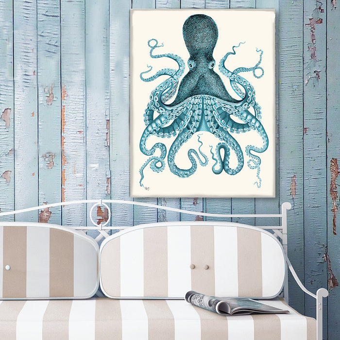 Octopus 3, Blue, Red or Duck Egg Blue Nautical print, Coastal art