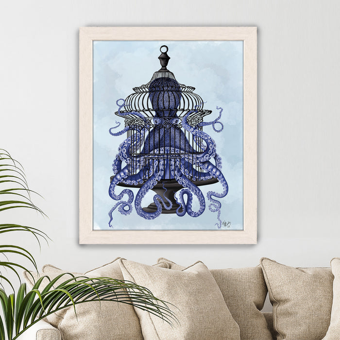 Blue Octopus in Cage, Nautical, Coastal Art Print