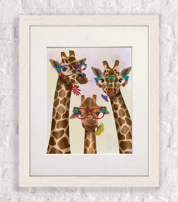 Giraffe and Flower Glasses, Trio, Art Print