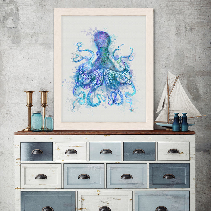 Octopus Rainbow Splash Blue, Nautical, Coastal Art Print