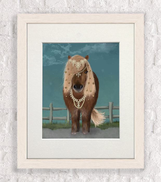 Horse Brown Pony with Bells, Full, Animal Art Print