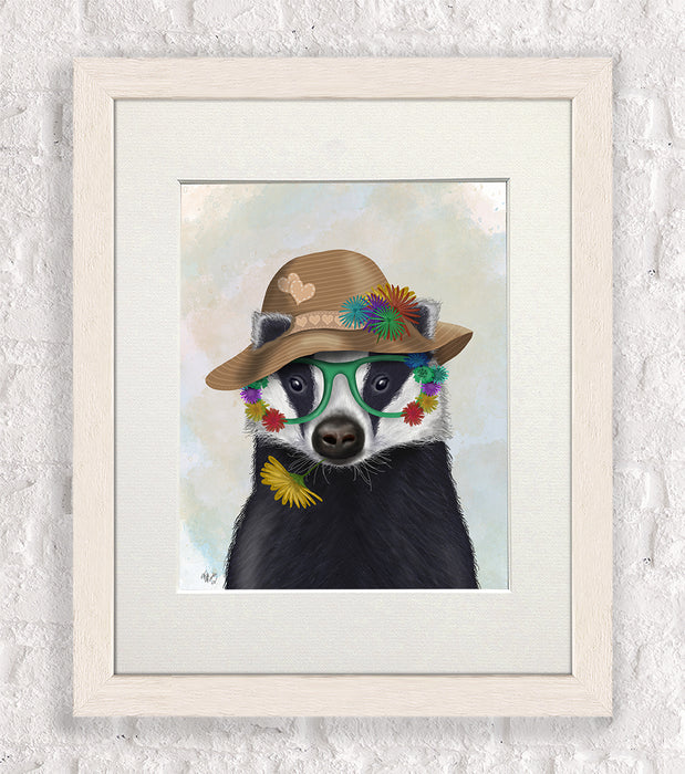 Badger and Flower Glasses, Animal Art Print, Wall Art