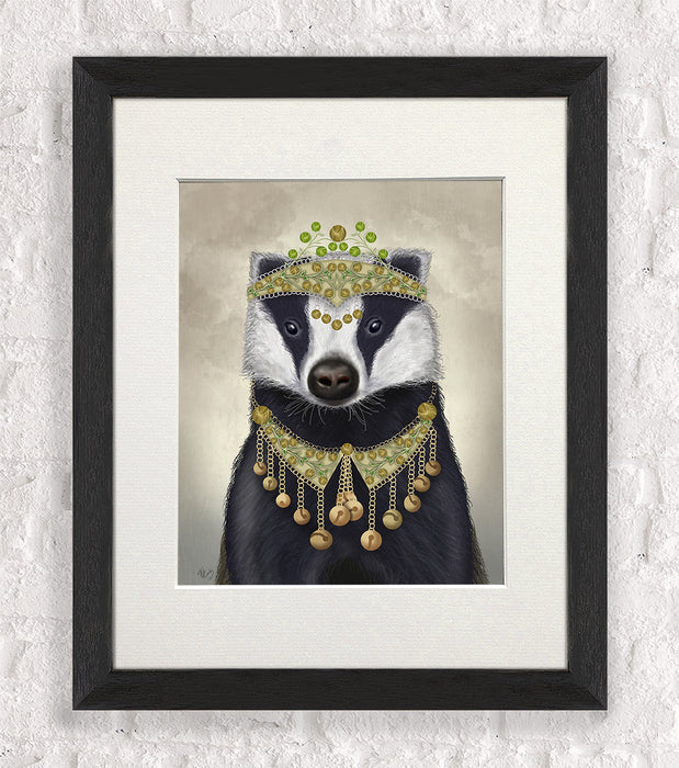 Badger with Tiara, Portrait, Animal Art Print, Wall Art