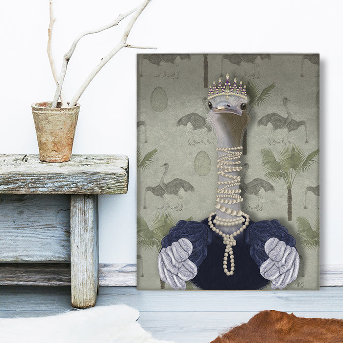Ostrich and Pearls, Portrait, Bird Art Print, Wall Art