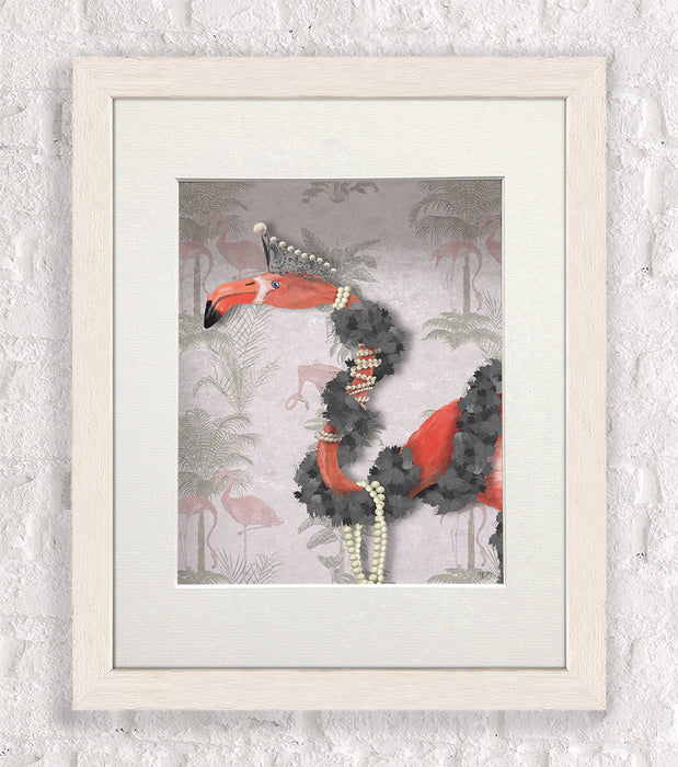 Flamingo and Pearls, Portrait, Bird Art Print, Wall Art