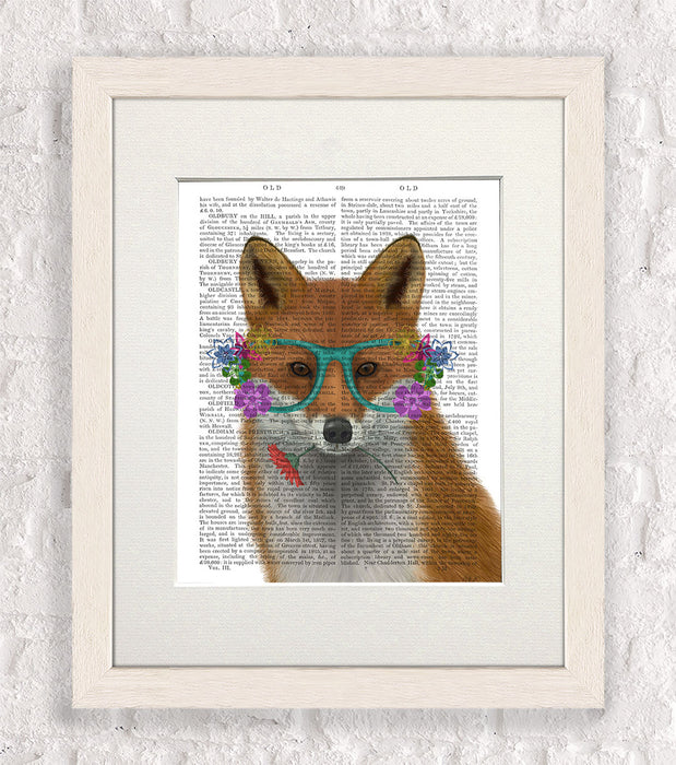 Fox and Flower Glasses, Art Print, Canvas Wall Art