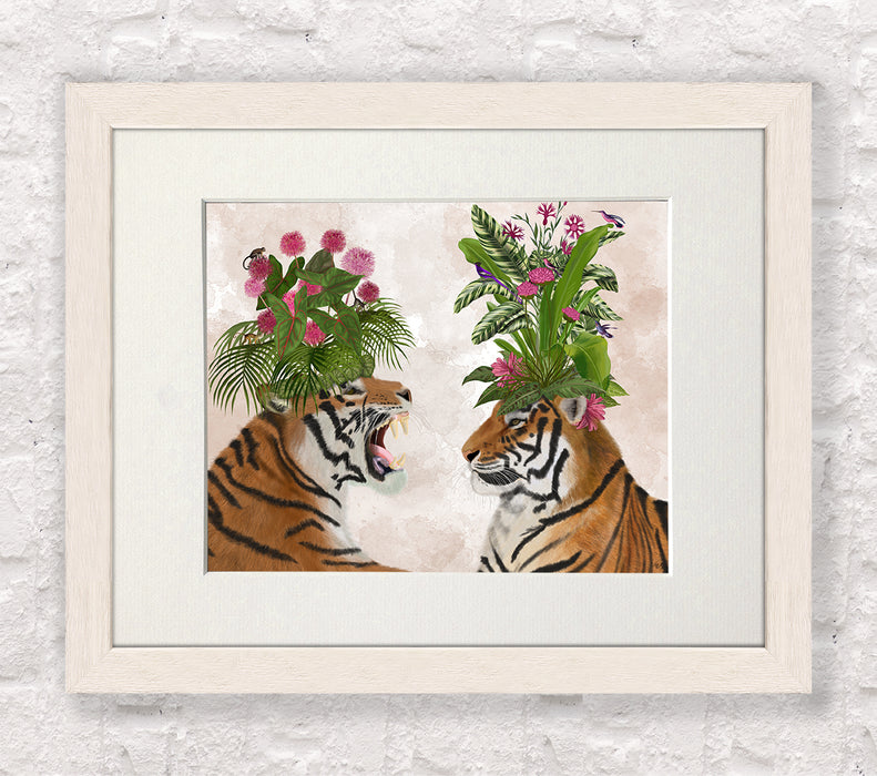 Hot House Tigers, Pair, Pink Green, Art Print