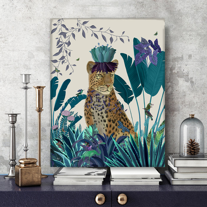 Tropical Leopard, Blue, Art Print, Canvas Wall Art