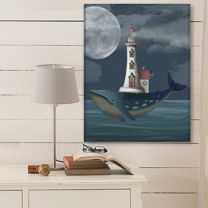 Whale Lighthouse, Night time, Nautical print, Coastal art