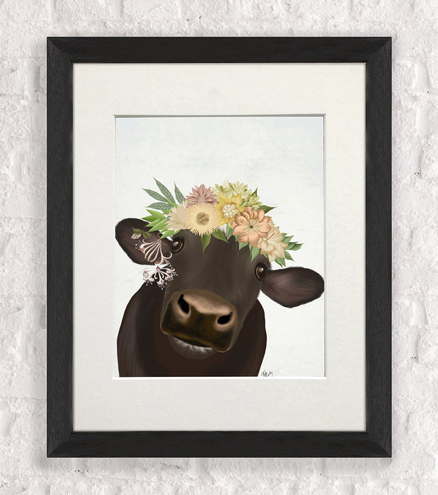 Cow with Flower Crown 1, Animal Art Print, Wall Art
