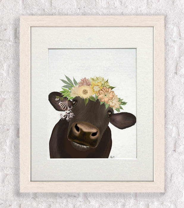 Cow with Flower Crown 1, Animal Art Print, Wall Art