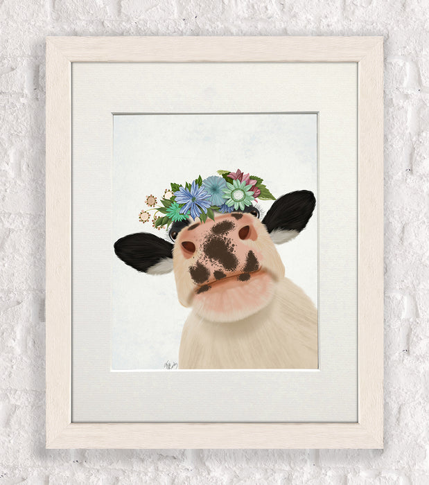 Cow with Flower Crown 2, Animal Art Print, Wall Art