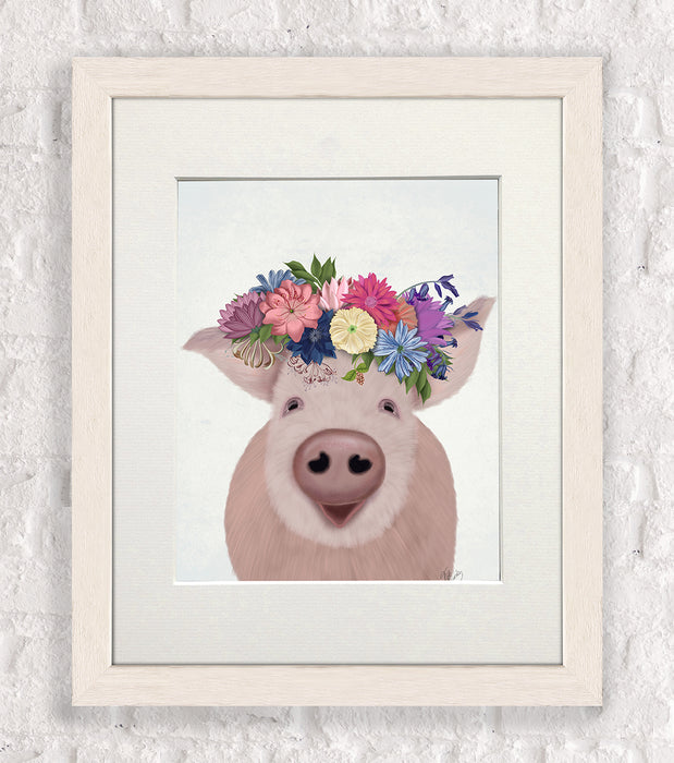 Pig and Flower Crown, Animal Art Print, Wall Art