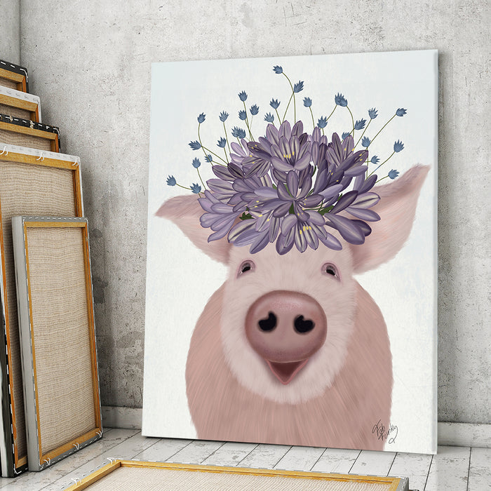 Pig and Lilac Flowers, Animal Art Print, Wall Art