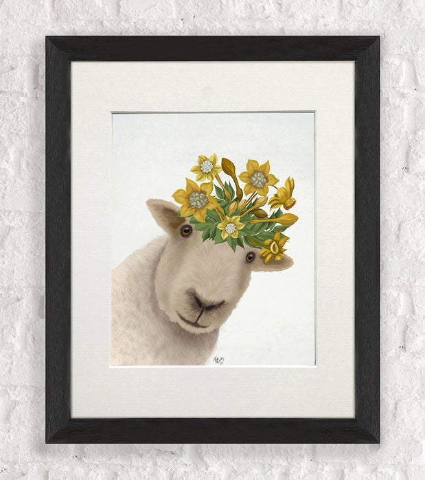Sheep with Daffodil Crown, Farm Animal Art Print, Wall Art