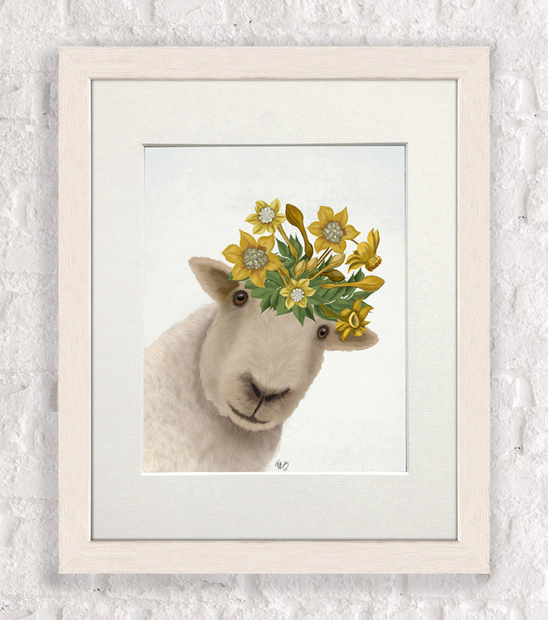 Sheep with Daffodil Crown, Farm Animal Art Print, Wall Art