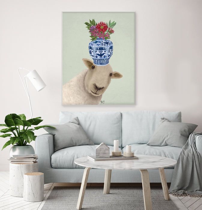 Sheep and tulip chinoiserie vase, Farm Animal Art Print, Wall Art