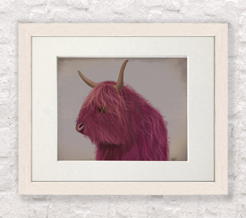 Highland Cow 4, Pink, Portrait, Animal Art Print