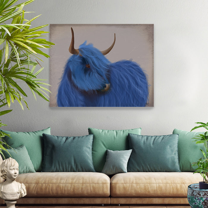 Highland Cow 2, Blue, Portrait, Animal Art Print