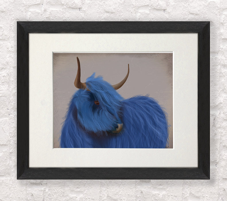 Highland Cow 2, Blue, Portrait, Animal Art Print