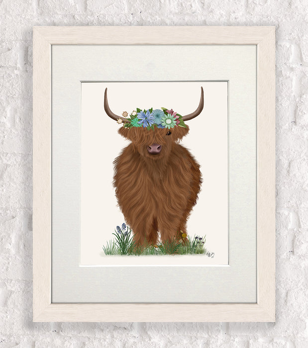 Highland Cow with Flower Crown 2, Full, Animal Art Print