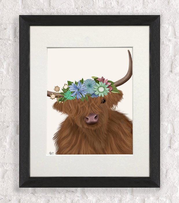 Highland Cow with Flower Crown 2, Portrait, Animal Art Print