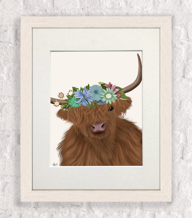 Highland Cow with Flower Crown 2, Portrait, Animal Art Print