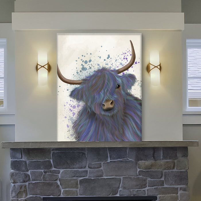 Highland Cow 1, Blue Portrait, Animal Art Print