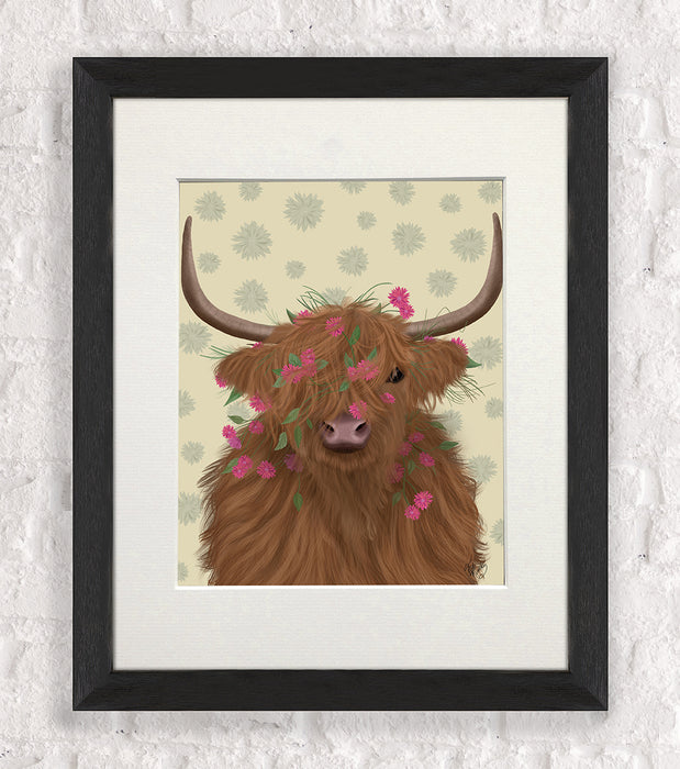 Highland Cow 1, Pink Flowers, Animal Art Print