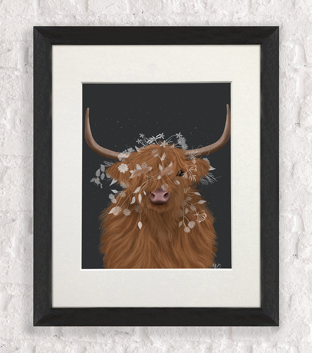 Highland Cow 1, White Flowers, Animal Art Print