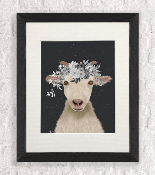 Goat 1, White Flowers, Animal Art Print, Wall Art