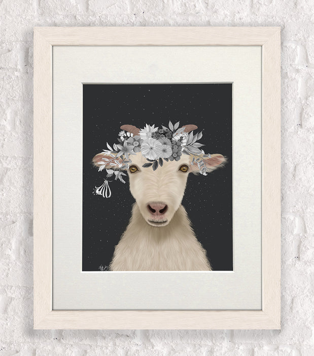 Goat 1, White Flowers, Animal Art Print, Wall Art