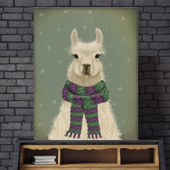 Llama with Purple Scarf, Portrait, Art Print