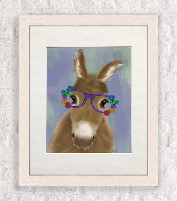 Donkey Purple Flower Glasses, Animal Art Print, Wall Art