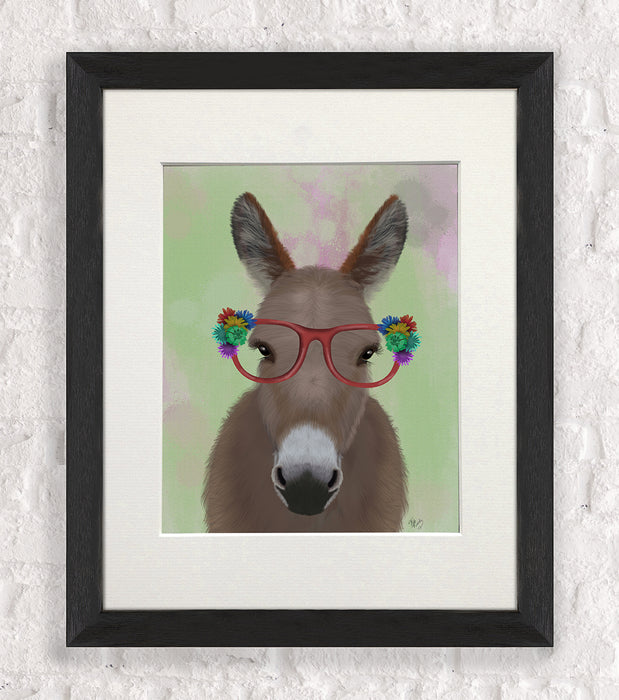 Donkey Red Flower Glasses, Animal Art Print, Wall Art