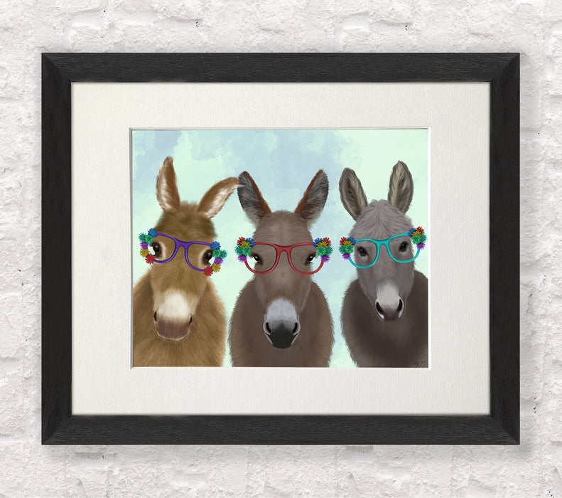 Donkey Trio Flower Glasses, Animal Art Print, Wall Art
