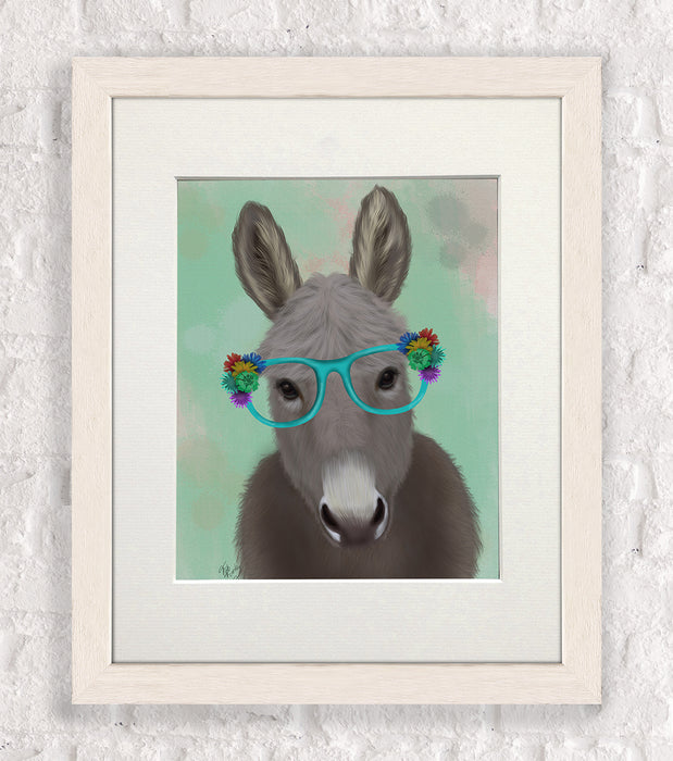 Donkey Turquoise Flower Glasses, Animal Art Print