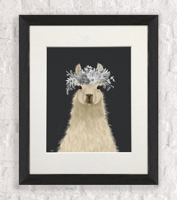 Llama White Flowers, Art Print, Canvas Wall Art