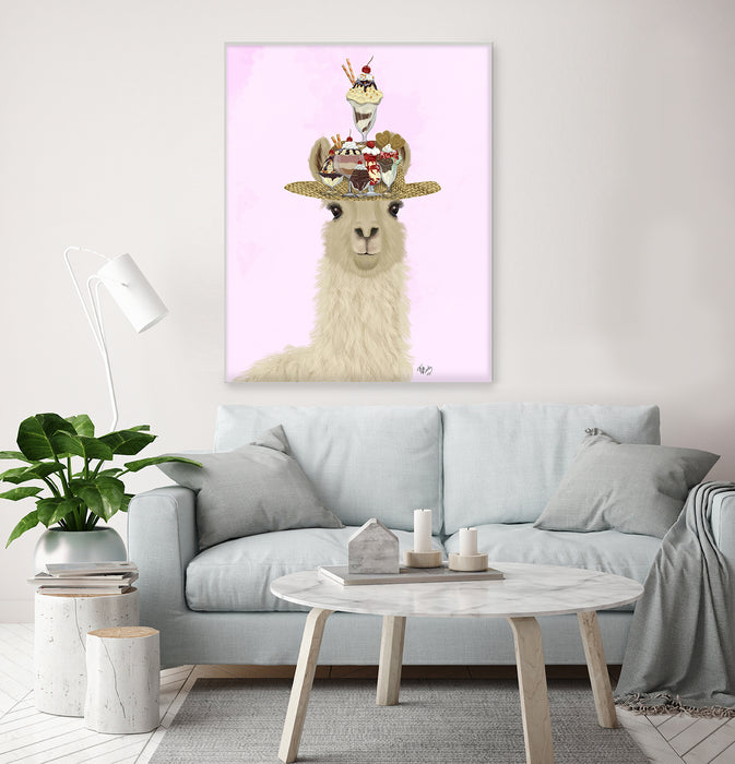 Llama Ice Cream Hat, Art Print, Canvas Wall Art