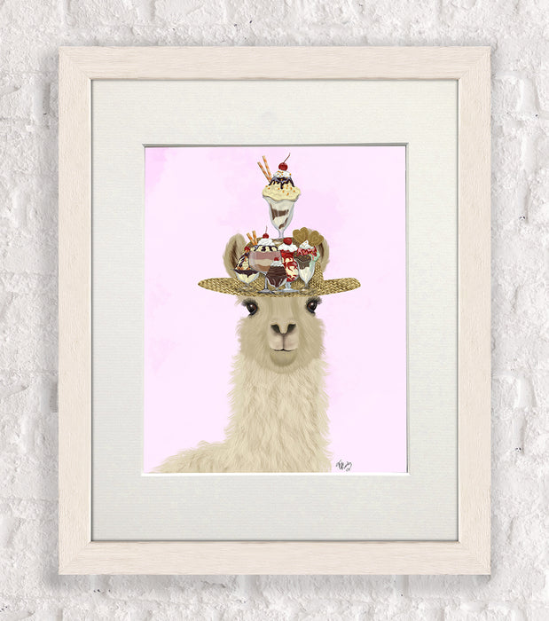 Llama Ice Cream Hat, Art Print, Canvas Wall Art